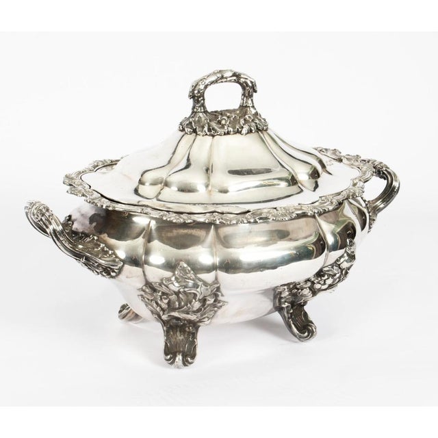 This is a magnificent large antique English Old Sheffield silver plate tureen with the original domed cover, circa 1790 in...
