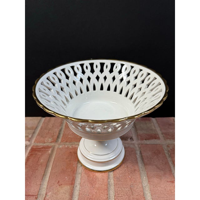 Mid 20th Century Vintage Italian Ceramic White Reticulated Pedestal Basket Fruit Bowl / Compote For Sale - Image 5 of 11
