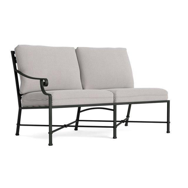 Brown Jordan Venetian Left Arm Loveseat in Black Jade with Iron Stripe Cushions For Sale