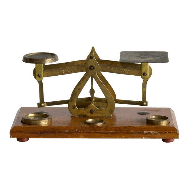 Antique English Brass & Oak Postal Letter Scale With Original Weights, Early 20th Century For Sale