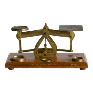 Antique English Brass & Oak Postal Letter Scale With Original Weights, Early 20th Century