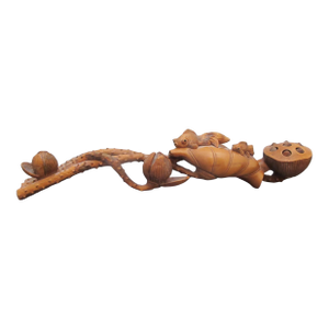 Chinese Hand Carved Boxwood Wood Lotus Ruyi Scepter With Small Fish on Pods