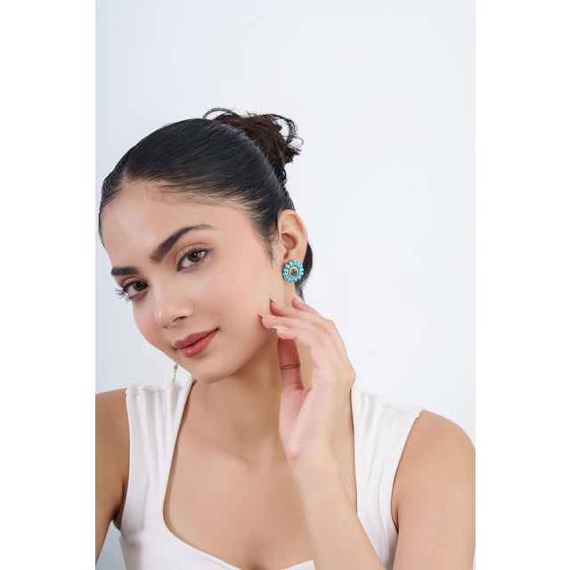 Turquoise Native American 14k Gold 7.0ct Emerald Turquoise & Diamond Flower Stud Earrings- A Pair For Sale - Image 8 of 14
