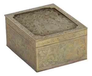 Chinese Etched Brass Box with Carved Jade Inset Top, Circa 1900