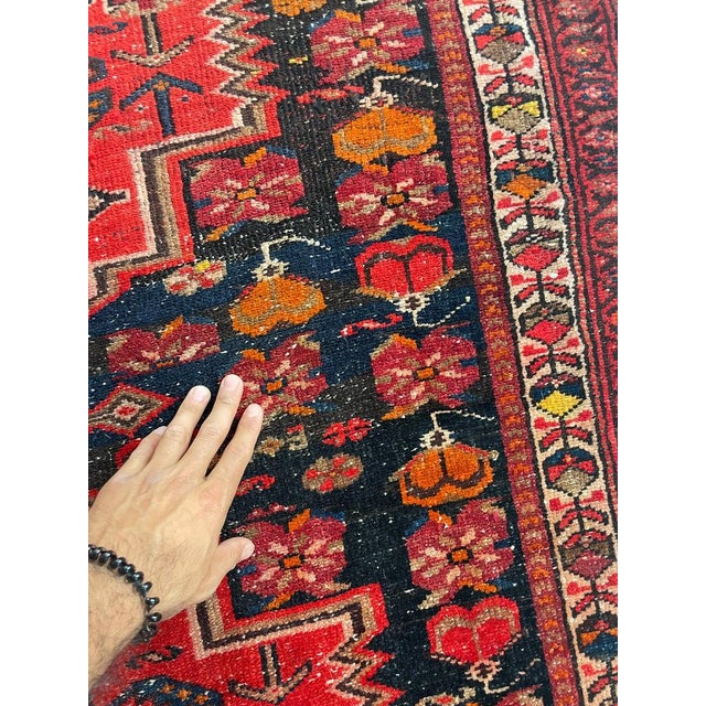 Mid 20th Century Mid 20th Century Yellow Goats & Horses with Wine, Ruby & Charcoal-Blue Shrubs and Flora Rug 4 x 17 For Sale - Image 5 of 14