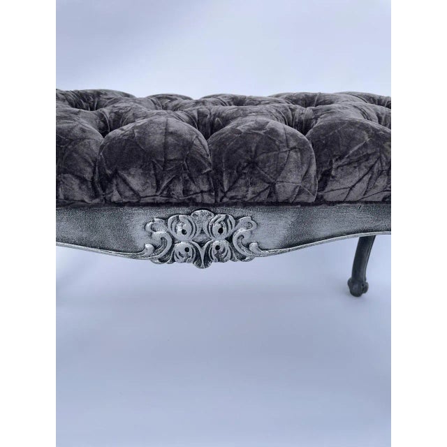 Vintage Carved Wood Crushed Velvet Tufted Bench For Sale - Image 4 of 5