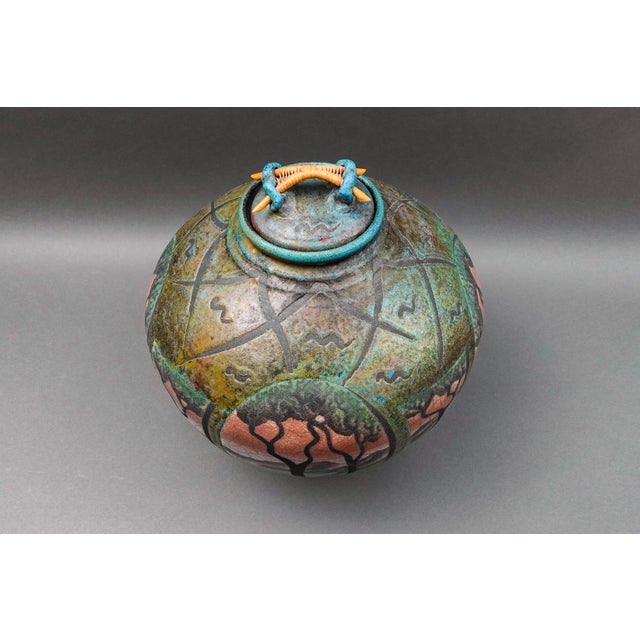 Late 20th Century Ken Jensen 1998 Signed Large Landscape Scene Raku Pottery Covered Vessel Pot Jar For Sale - Image 5 of 10