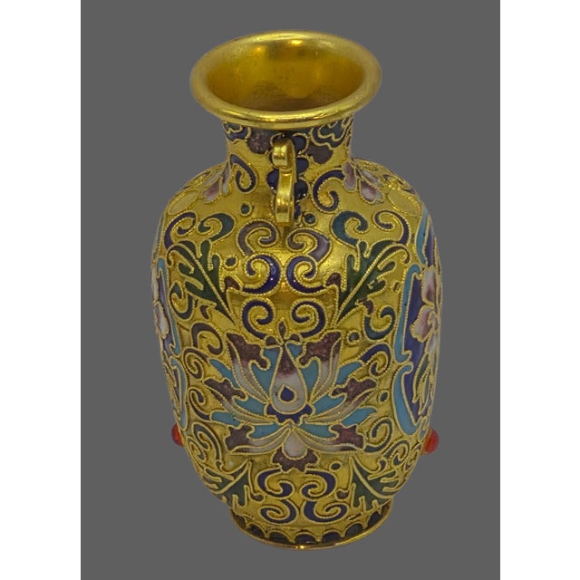 Vintage Ornate Jeweled Cloisonne Hand Painted Enamel Gilded Floral Small Vase For Sale - Image 4 of 11
