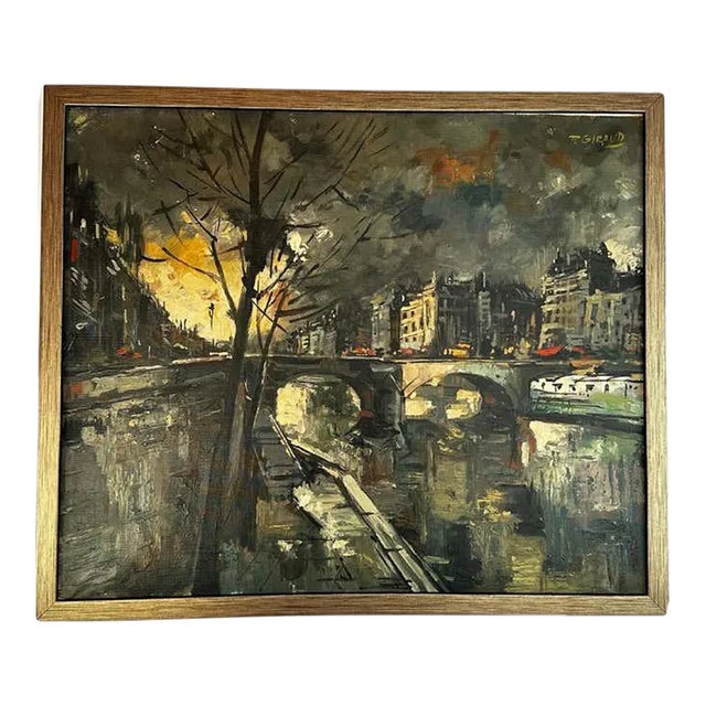 "Embankment of the Seine River" Parisian Cityscape Oil Painting by Pierre Giraud For Sale