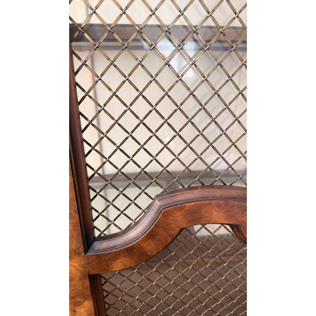 1970s Monumental Mastercraft Burl Wood & Brass Lattice China Cabinet Vitrine For Sale - Image 9 of 11
