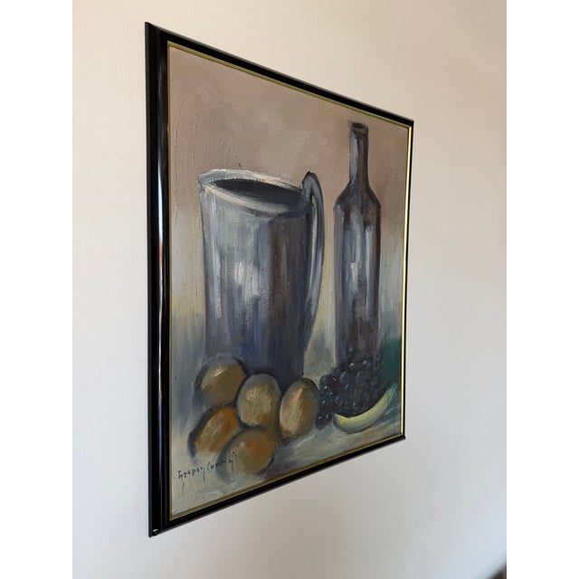 Striking 1970's vintage modernist still life oil on canvas Painting by Gasper Gunhz, featuring a sculptural arrangement of...