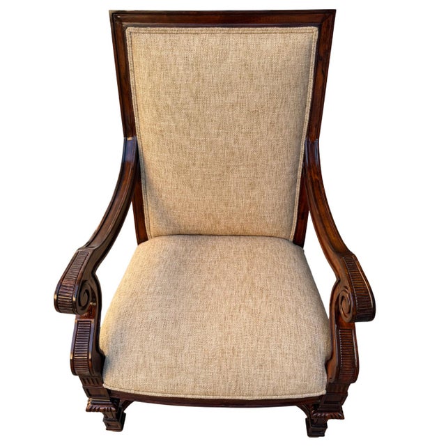 Brown 1980s Neoclassical Hand-Carved Mahogany Armchairs With Rolled Arms & X-Stretcher - A Pair For Sale - Image 8 of 14