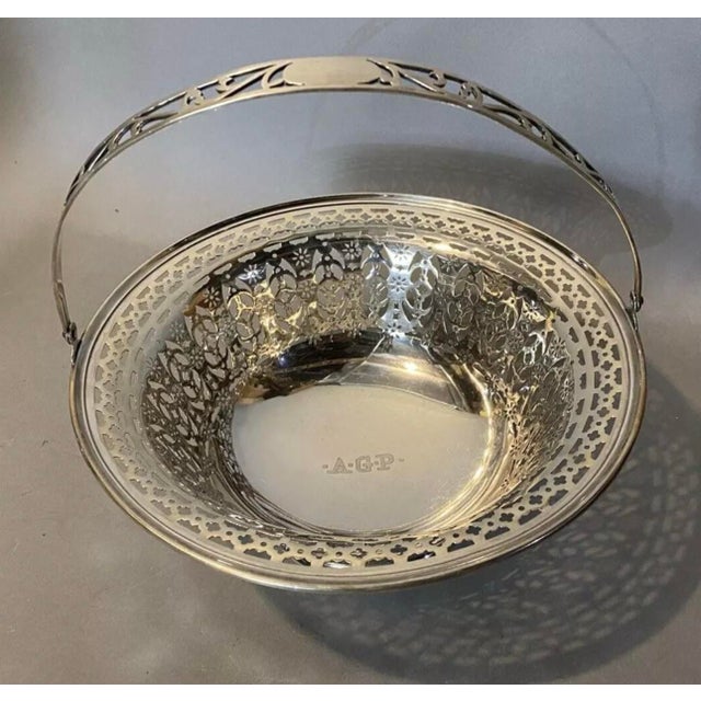 Traditional 1930s Sterling Silver Reticulated Handled Brides Basket For Sale - Image 3 of 10
