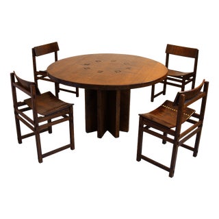Early Oak Dining Table with Diamond-Carved Chairs by Giuseppe Rivadossi, 1979, Set of 5 For Sale