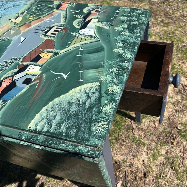 Wood Hand Painted Side Table Signed CCM Oil Painted Landscape of Mountain Village & Seascape For Sale - Image 7 of 9