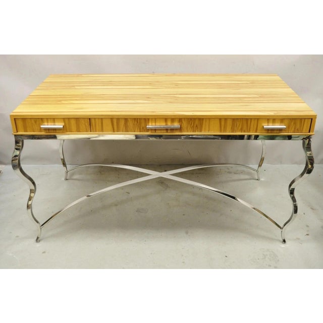 Century Furniture Modern Chrome and Zebra Woodgrain Metal Base Desk Table 849-761. Item features 3 drawers, original...