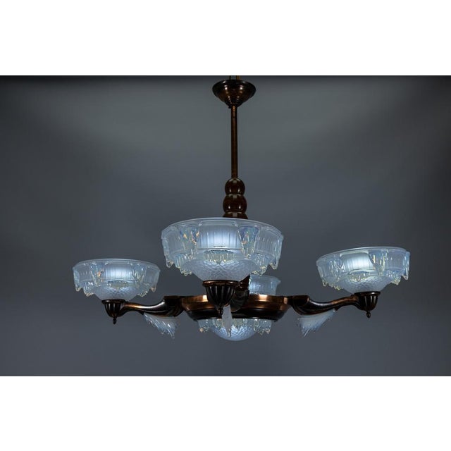 Art Deco French Coppered Metal and Opalescent Glass Chandelier from Ezan, 1930s For Sale - Image 4 of 18