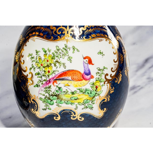 Stunning Pair Blue Gold English Royal Worcester Porcelain Antique Victorian Bird Nature Decorative Vases Home Decor For Sale - Image 4 of 18
