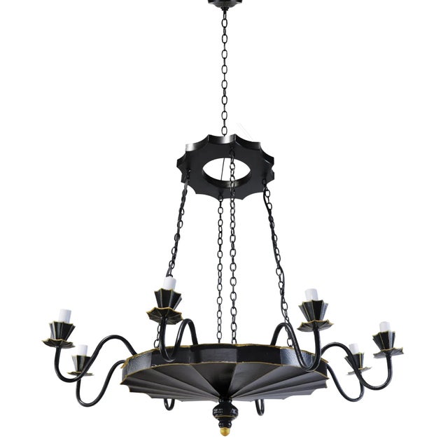 Art Deco Vintage Handcrafted Iron Black and Gold 8-Light Pendant For Sale - Image 3 of 10