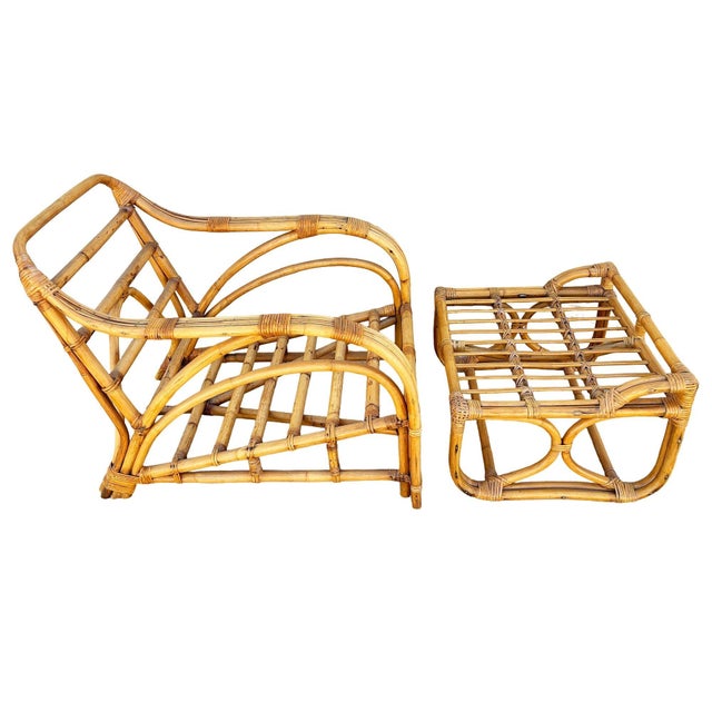 Restored Mid-Century 3-Stand 1949er Reed Rattan Chaise Lounge W/ Ottoman For Sale - Image 12 of 16