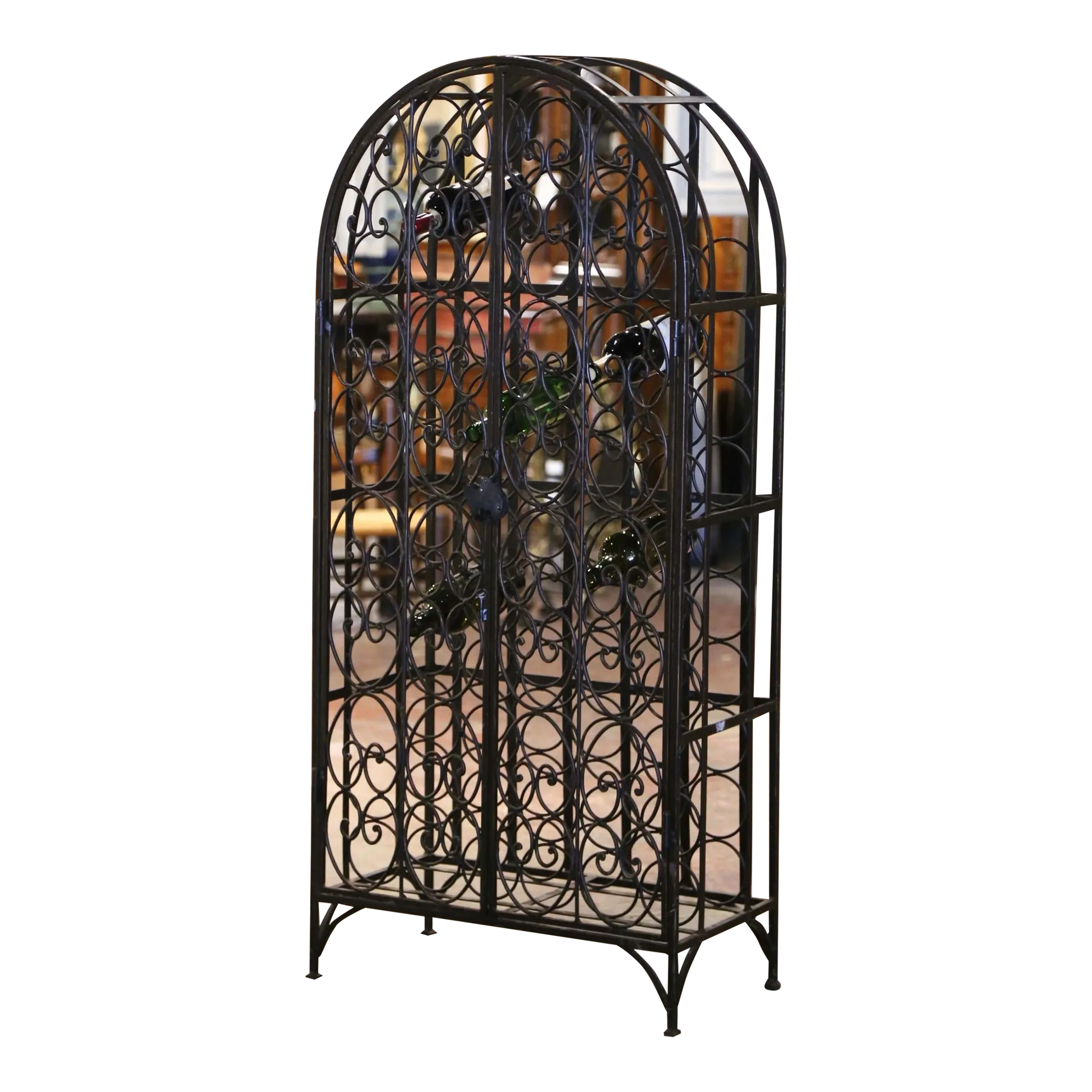 Mid-Century French Iron Sixty-Eight Bottle Wine Rack With Lock and