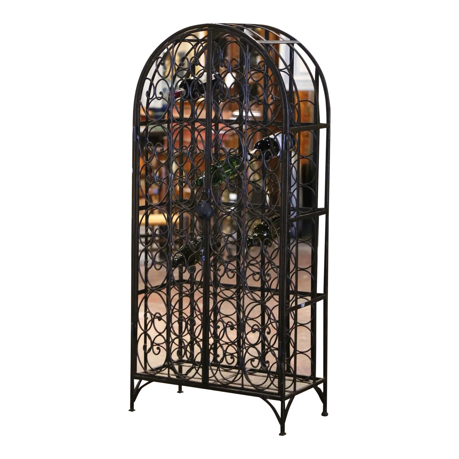 Mid-Century French Iron Sixty-Eight Bottle Wine Rack With Lock and
