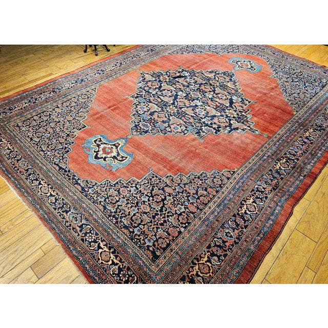 Red 19th Century Oversized Persian Bidjar Rug, Hand-Knotted Wool, Geometric Pattern, Red & Navy, 11x15 For Sale - Image 8 of 18