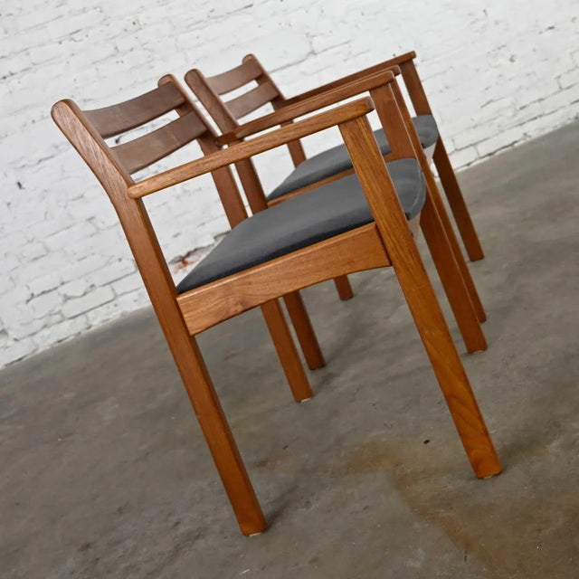 Scandinavian Modern Teak Armchairs With Brushed Charcoal Fabric Seat Cushions, a Pair For Sale - Image 4 of 13