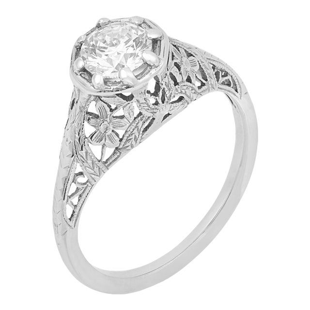 1940s Retro Gia 0.65 Carat Diamond 18k White Gold Engagement Ring, Size 7 For Sale