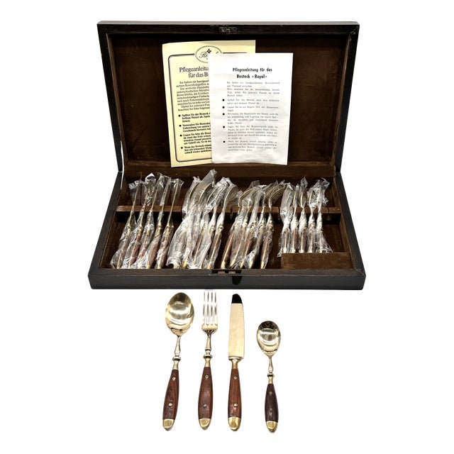 Mid-Century Bronze and Rosewood Royal Cutlery Set, 1970s, Set of 24 For Sale