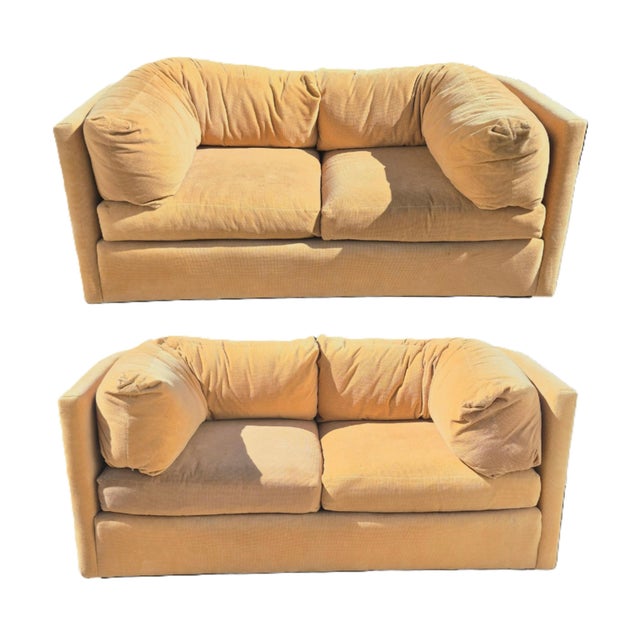 Mid-Century Modern Pair of 1980s John Mascheroni for Swaim Postmodern Curved Back Playpen Style Love Seats For Sale - Image 3 of 16