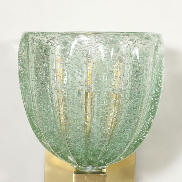 Modernist Hand-Blown Sea Green Fluted Pulegoso Murano Glass & Brass Sconces For Sale - Image 9 of 13