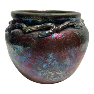 Vintage Raku Pottery Vase, Signed Aet For Sale