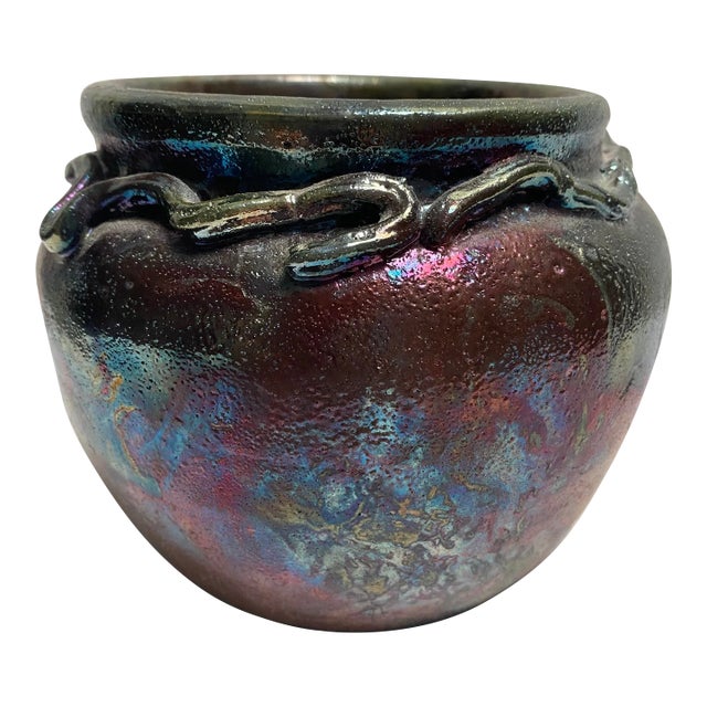 Vintage Raku Pottery Vase, Signed Aet For Sale