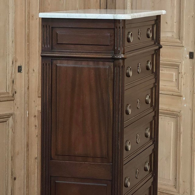19th Century Louis XVI Mahogany Carrara Marble Top Semainier ~ Tall Chest of Drawers For Sale - Image 12 of 18