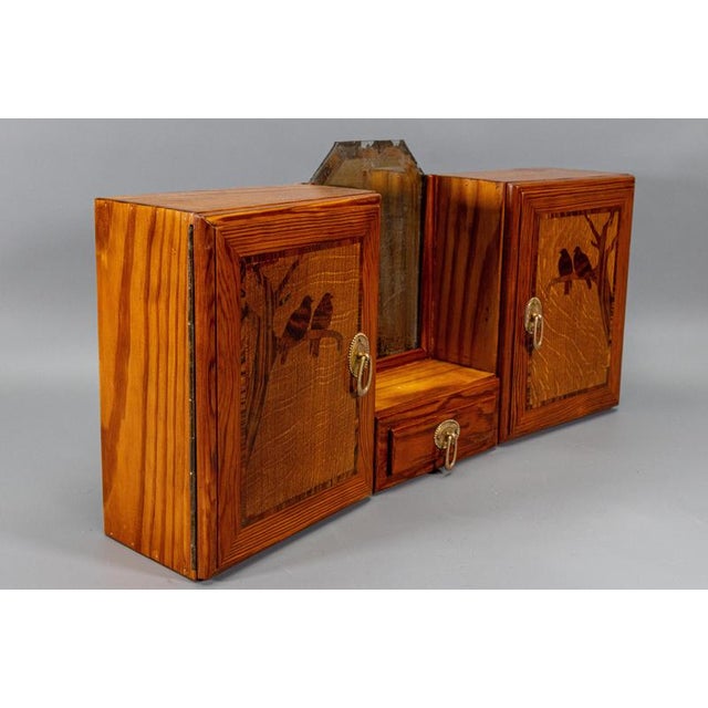 French Art Deco Pine Wood Wall Cabinet with Bird Marquetry & Mirror, 1930s For Sale - Image 16 of 18