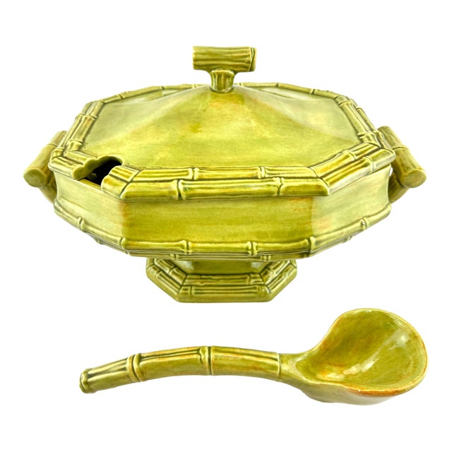 Vintage Opray Green Ceramic Bamboo Tureen With Lid and Ladle For Sale