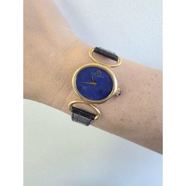 Baume & Mercier Vintage Baume & Mercier Ladies Lapis Lazuli Dial Wristwatch 18k Yellow Gold For Sale - Image 4 of 8