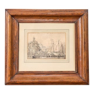 Original 19th Century Gauche + Watercolor Harbor Scene in Chunky Oak Frame For Sale