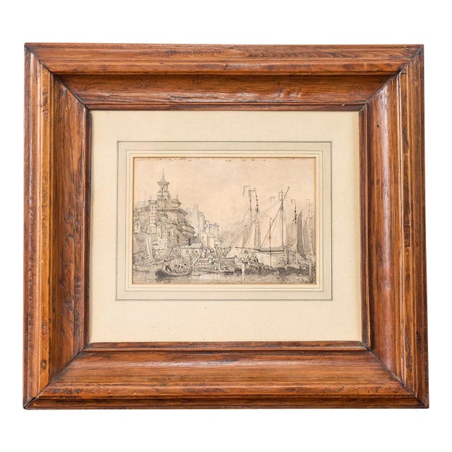 Original 19th Century Gauche + Watercolor Harbor Scene in Chunky Oak Frame For Sale