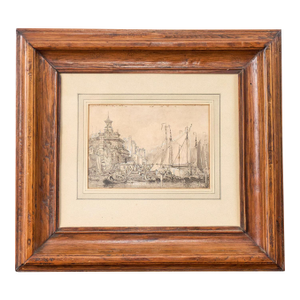 Original 19th Century Gauche + Watercolor Harbor Scene in Oak Frame