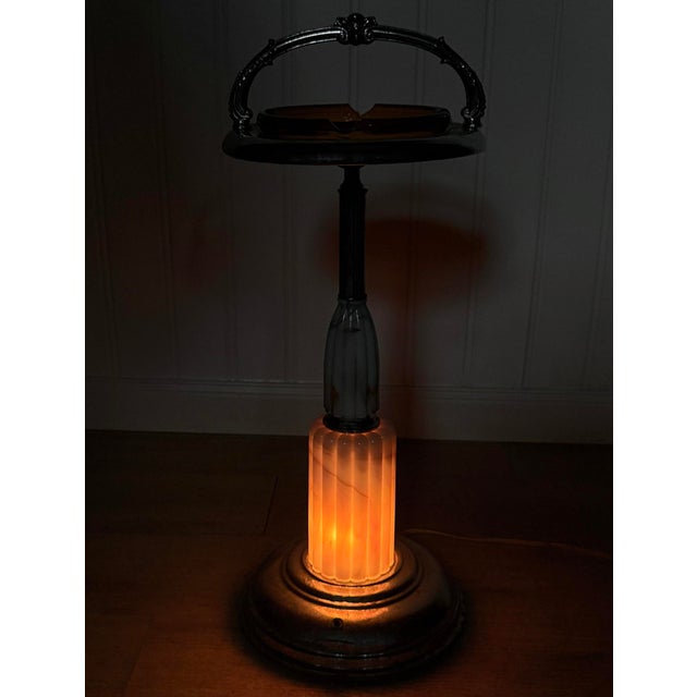 Vintage Art Deco Slag Glass & Chrome Illuminated Cigar Ashtray Stand For Sale - Image 4 of 10