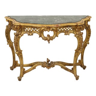 French Louis XV Style Console Table in Gold Leaf Gilded Wood and Marble, 1890s For Sale