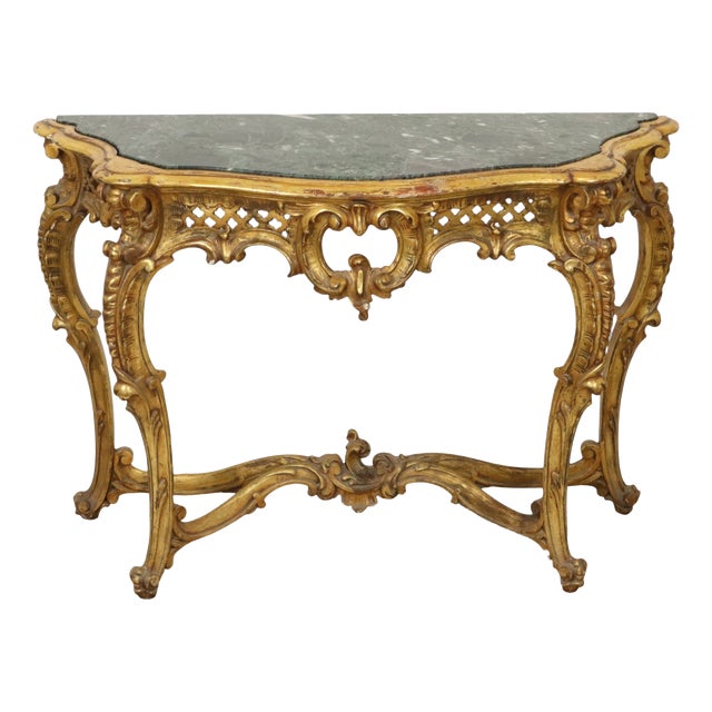 French Louis XV Style Console Table in Gold Leaf Gilded Wood and Marble, 1890s For Sale
