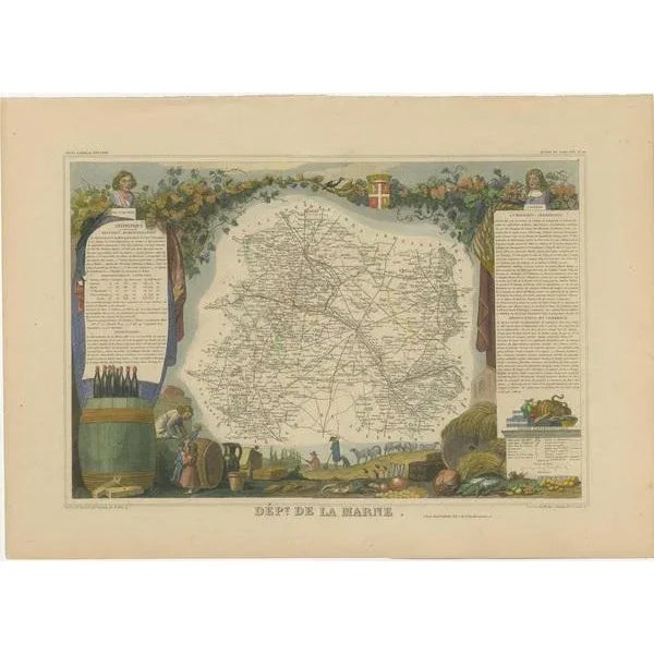 Antique map titled 'Dépt. de la Marne'. Map of the French department of Marne, France. This department is home to the...