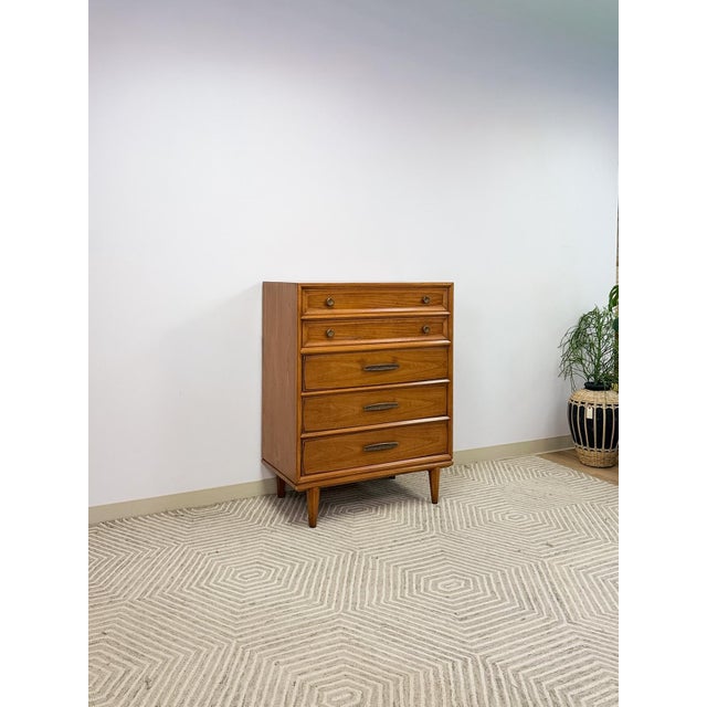 Heritage Furniture Vintage Heritage Tallboy Dresser Brutalist Brass Pulls Mid-Century Modern For Sale - Image 4 of 12