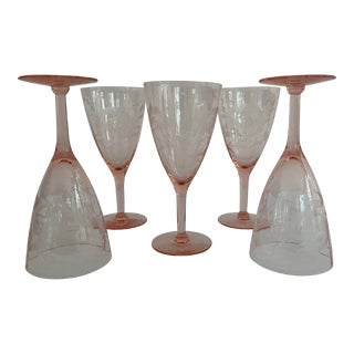 1930s Pink Depression Tall Stemware Flower Engraved- Set of 5 For Sale