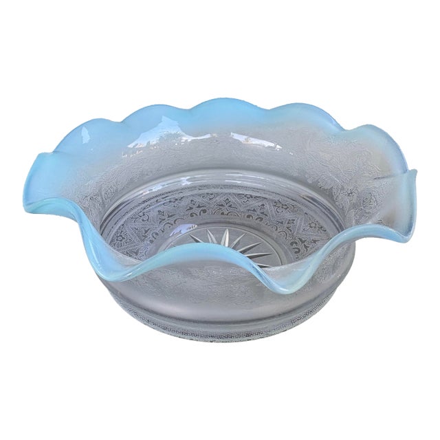 Antique American Blue Opalescent Ruffled Glass Bowl With Grape & Leaf Motif For Sale