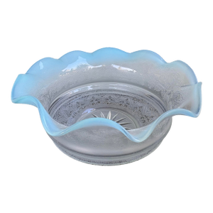 Antique American Blue Opalescent Ruffled Glass Bowl With Grape & Leaf Motif