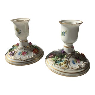 Antique Dresden Porcelain Floral Candlestick Holders a Pair For Sale
